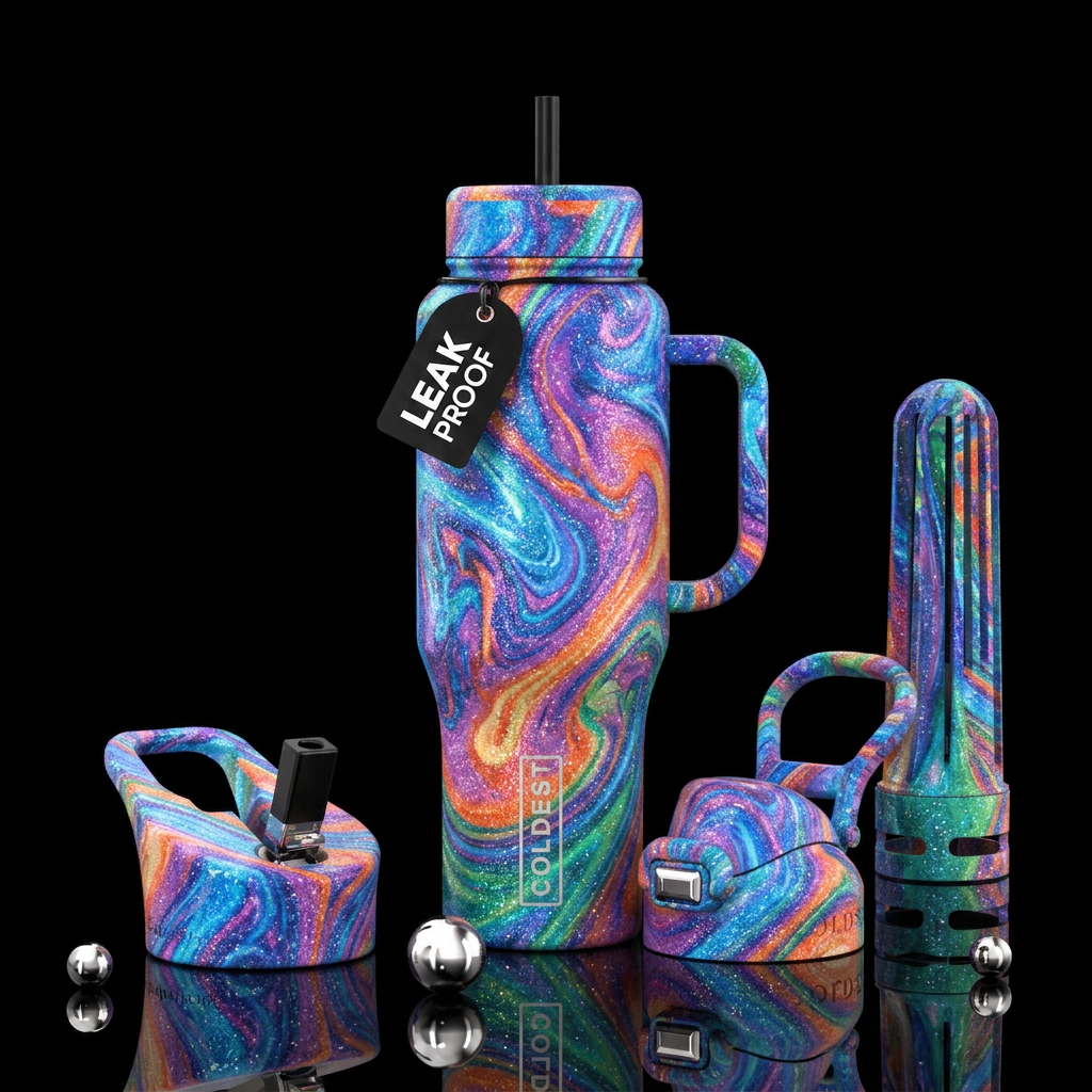 sparkly, vibrant, artistic, abstract, swirls water bottle design