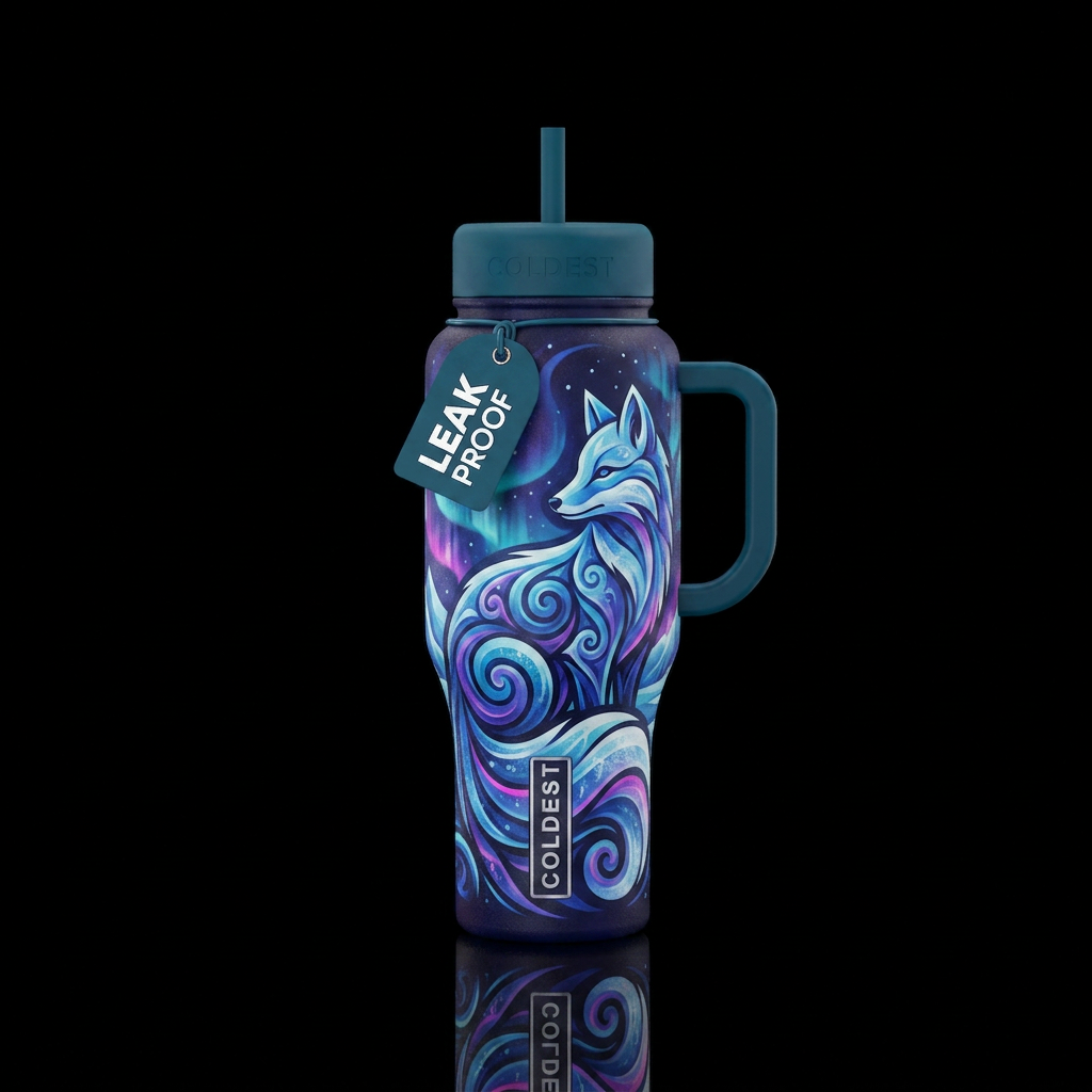 arctic fox, abstract,, spirals water bottle design