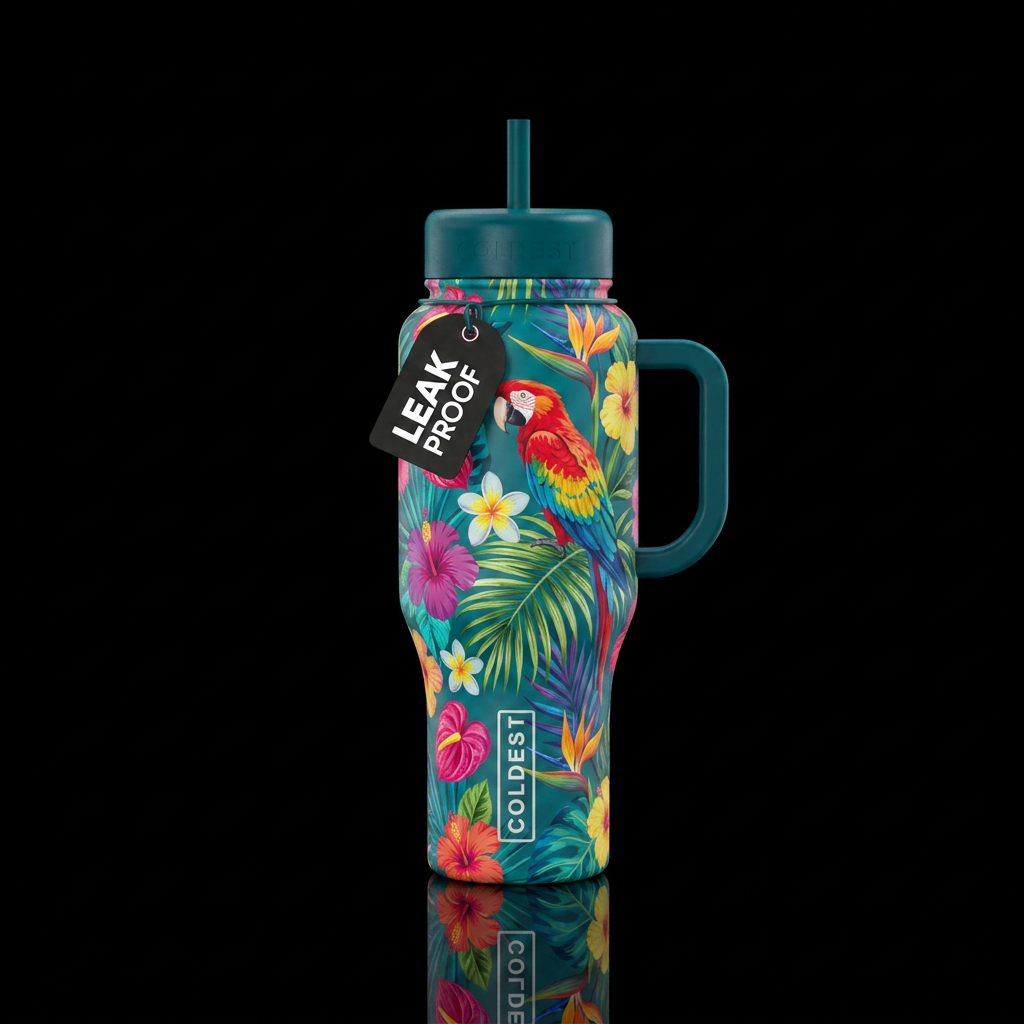 tropical flowers, parrot, beautiul water bottle design