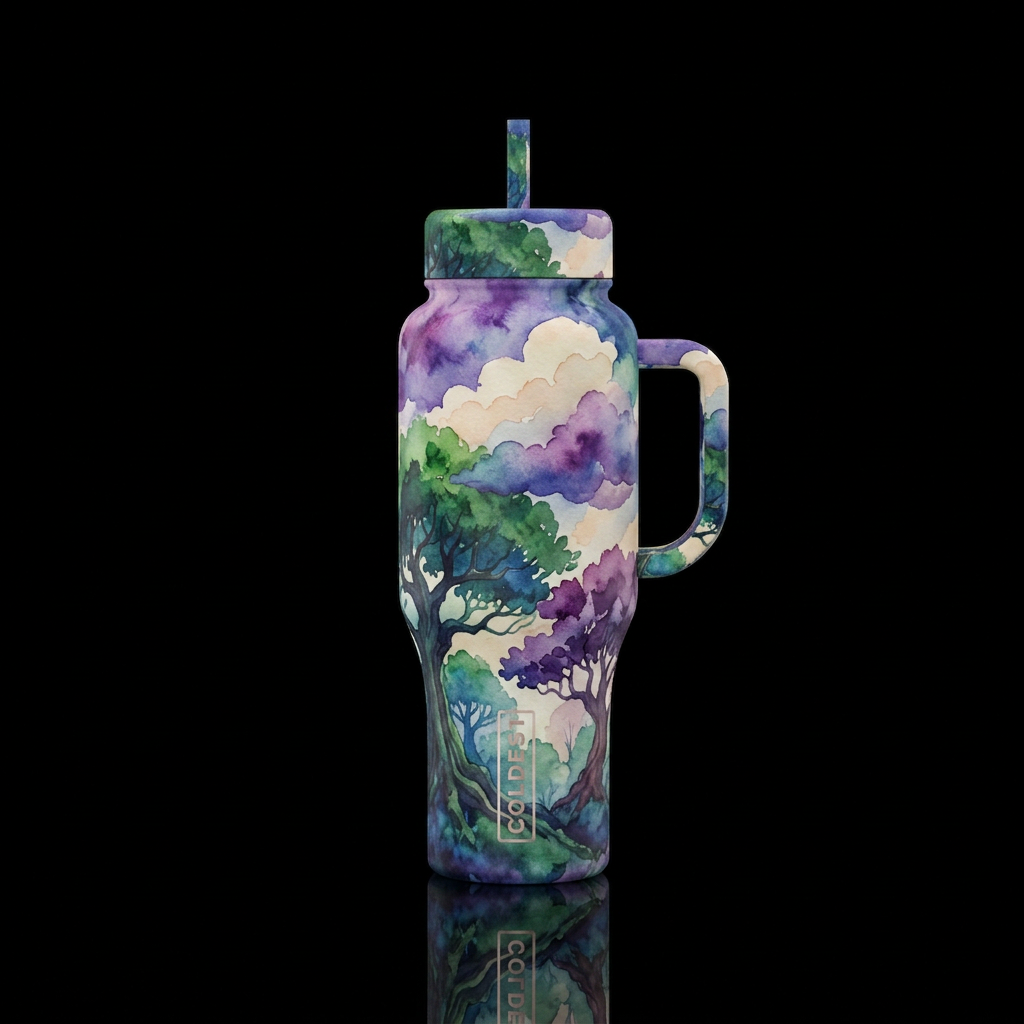 trees ,clouds, watercolor, artistic,beautiful water bottle design