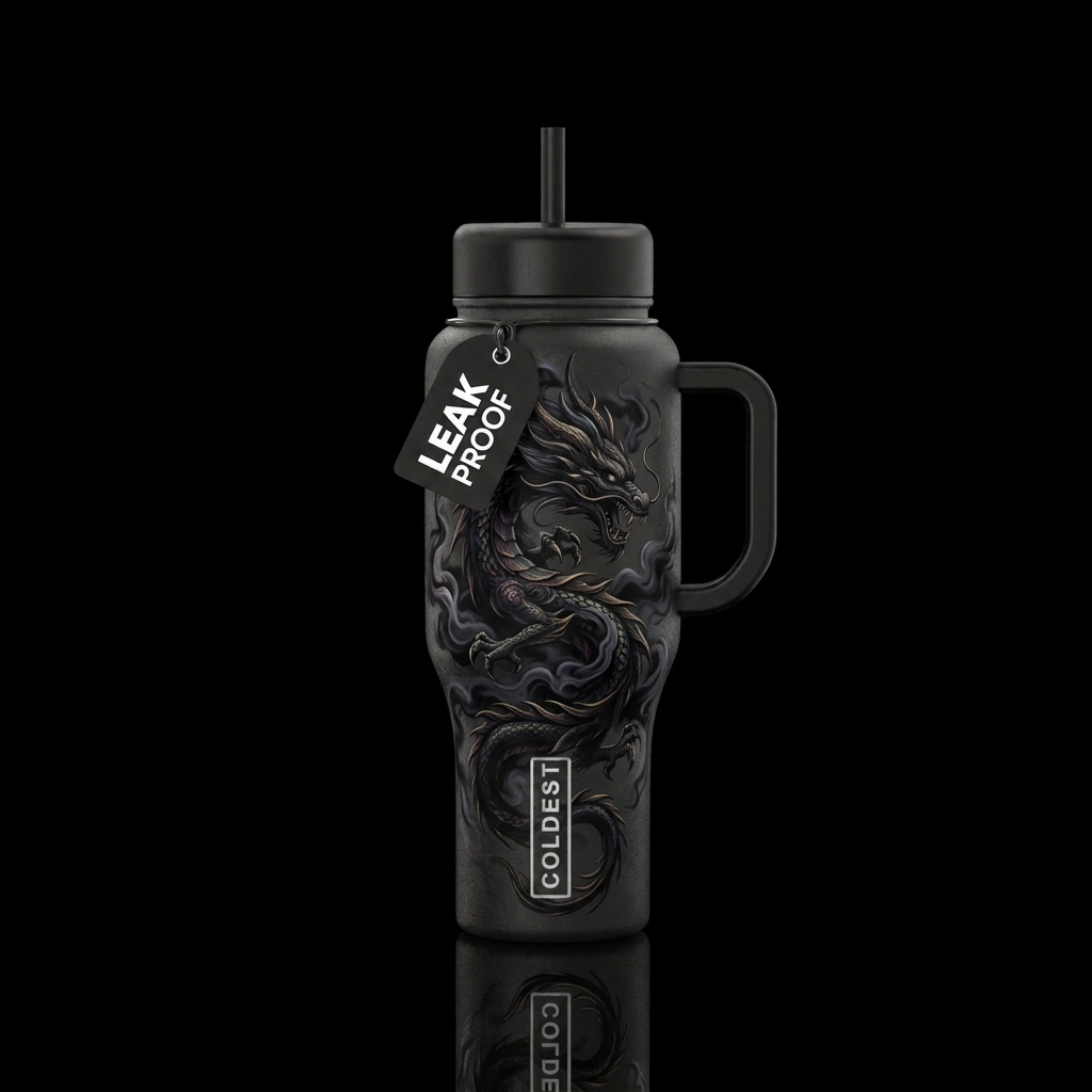 dark mood, haunted, smoke, dragon,mythical water bottle design