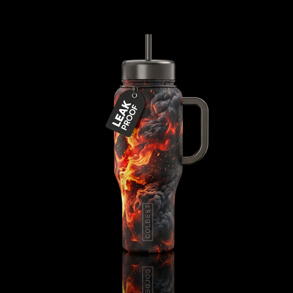 firery, explosive,smoke,rugged,dark mood water bottle design