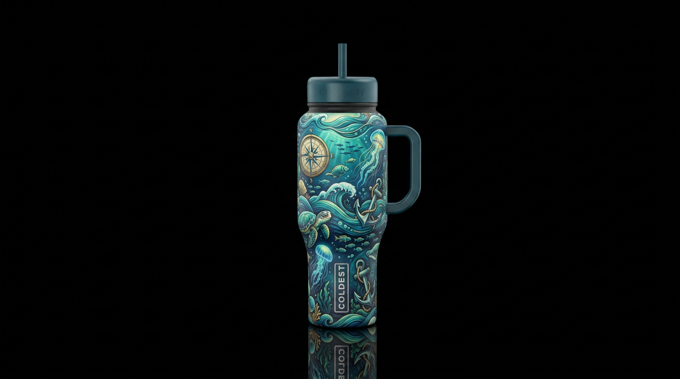 ,ocean,turtle,jellyfish,sea life,anchor,compess water bottle design