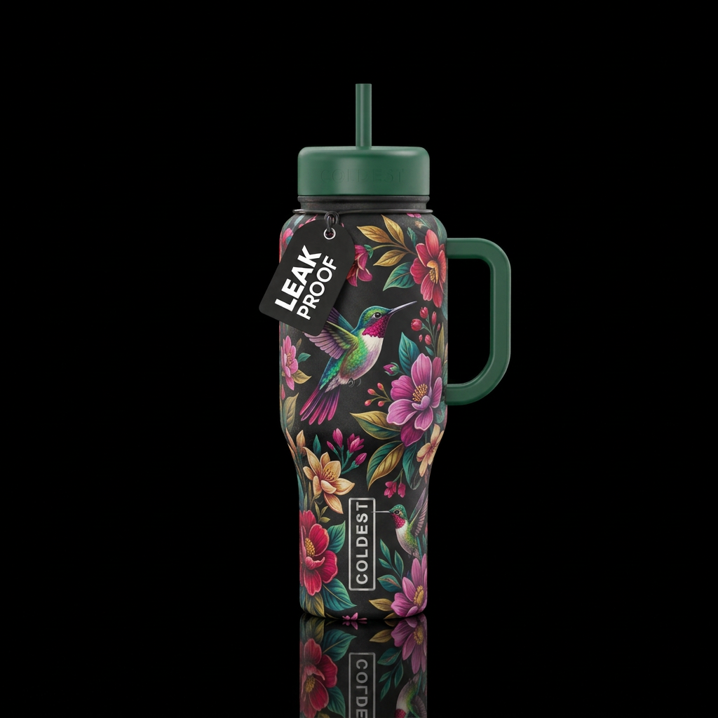 powerful, spring bloom, hummingbird water bottle design