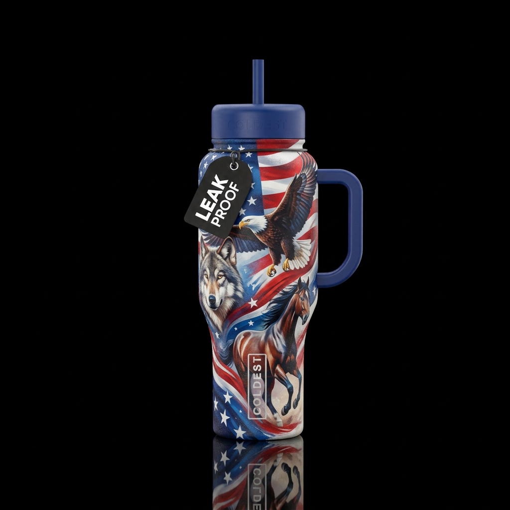 Red,white,blue,bald eagle, liberty,wolf,horse, water bottle design