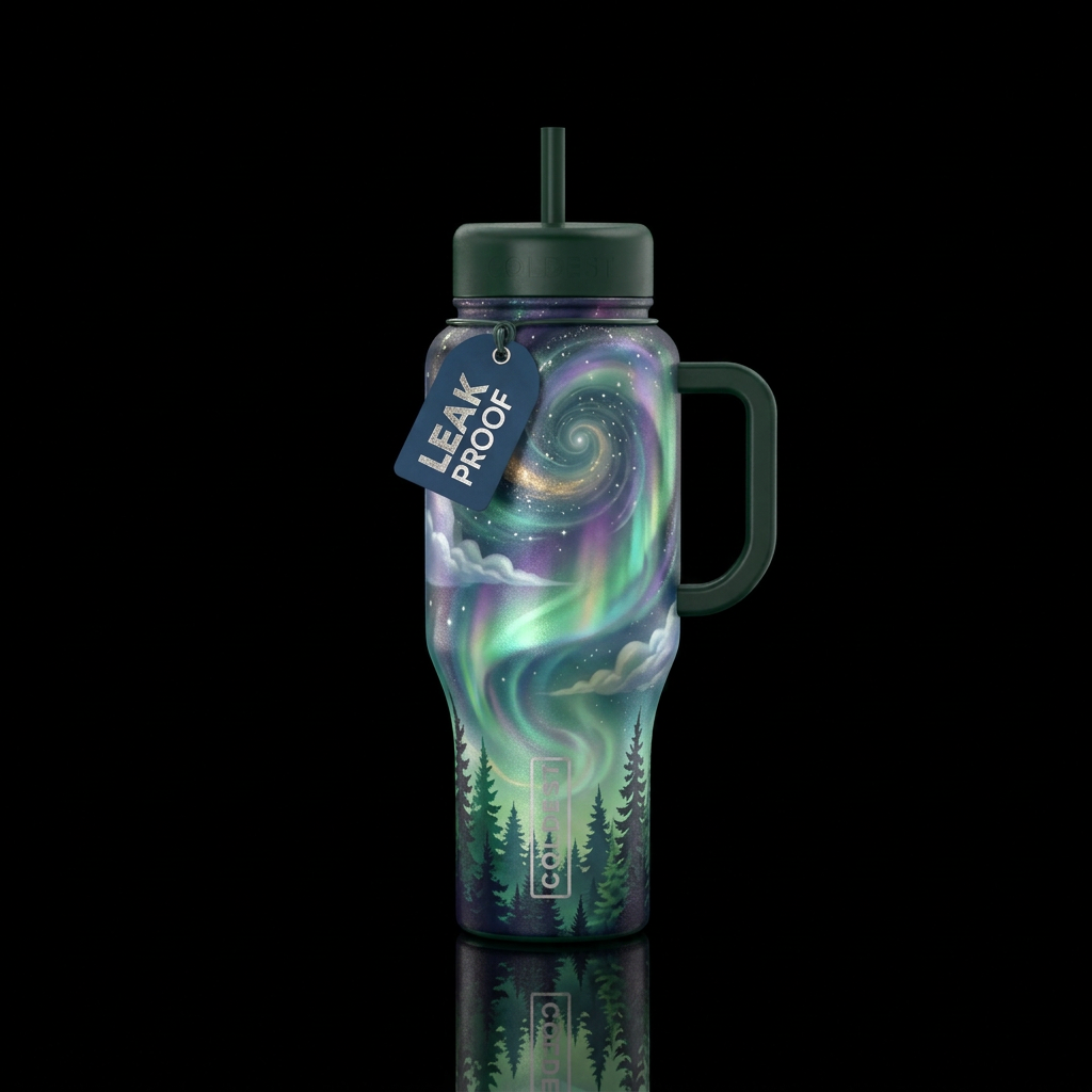 trees, northern lights, clouds, swirls, glowie water bottle design