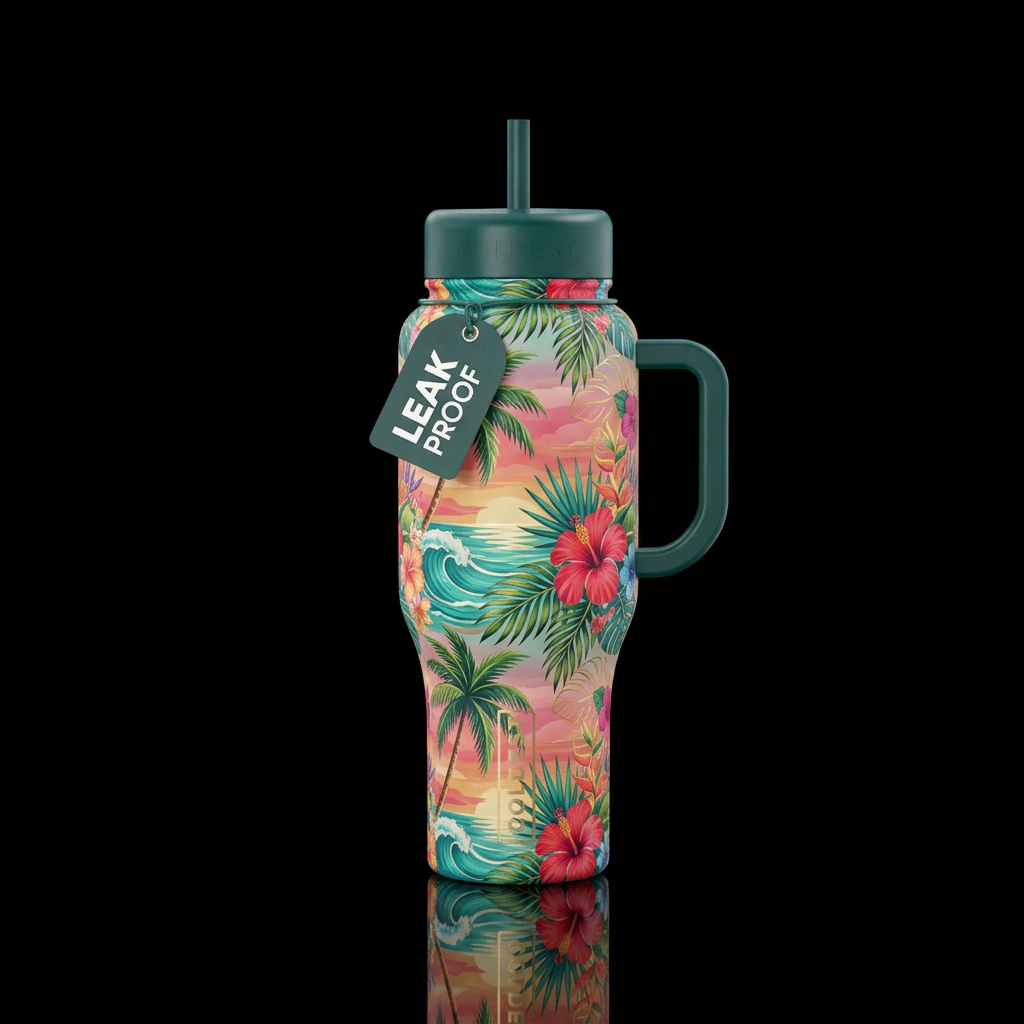 tropical paradise with lush palm leaves, exotic hi... water bottle design
