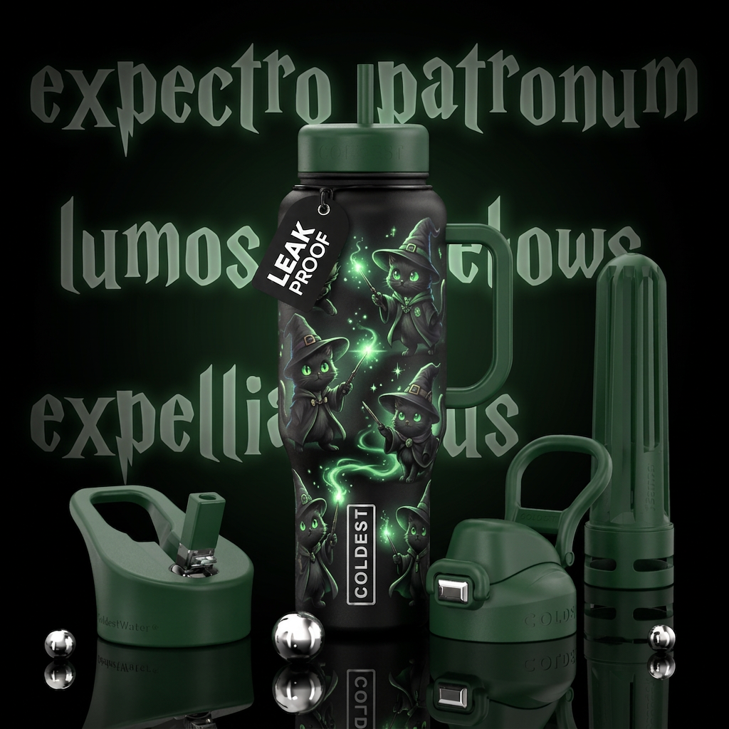 Cute black kitten wizards withe glowie green eyes ... water bottle design