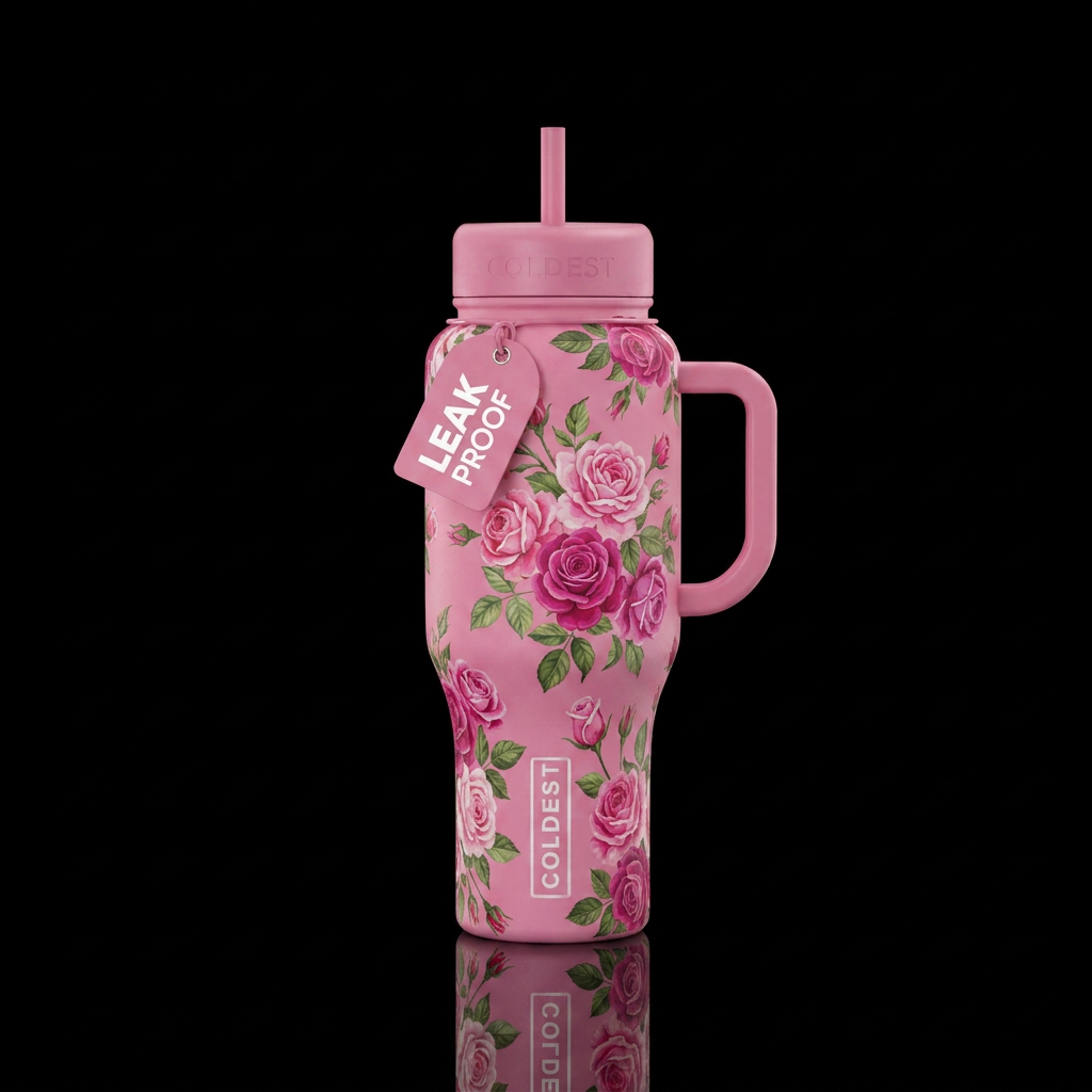 Pink roses wrapping around the cup water bottle design