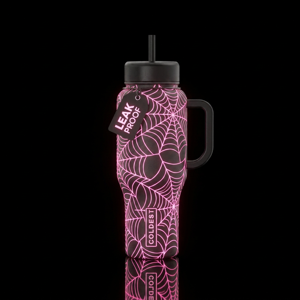 Black background with glowing pink spider webs water bottle design