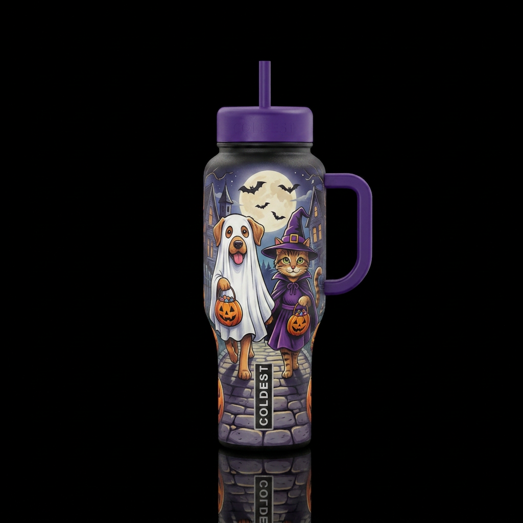 Dog and cat in Halloween costumes trick or treatin... water bottle design