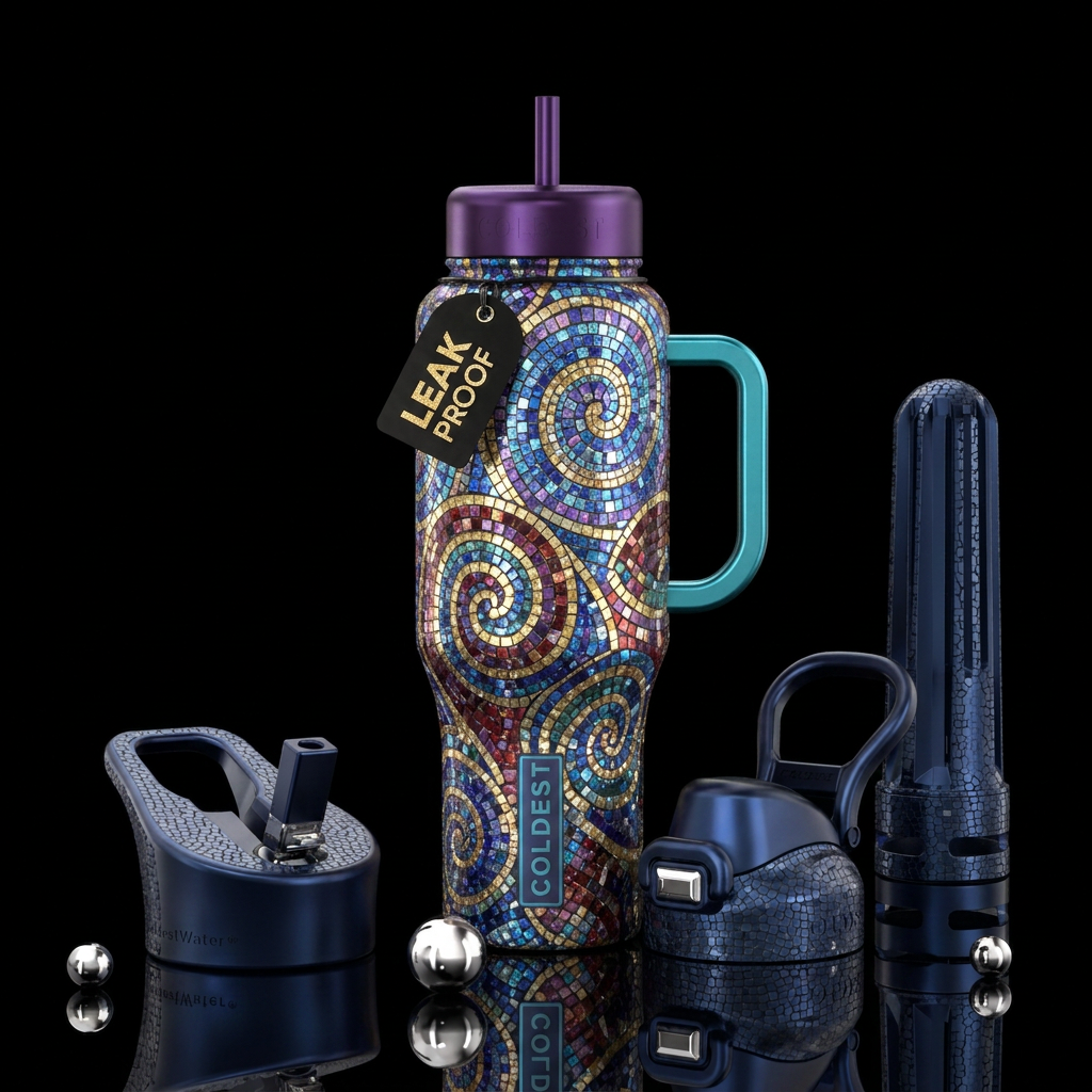 peaceful, sparkly, beautiul, abstract, spirals, mo... water bottle design