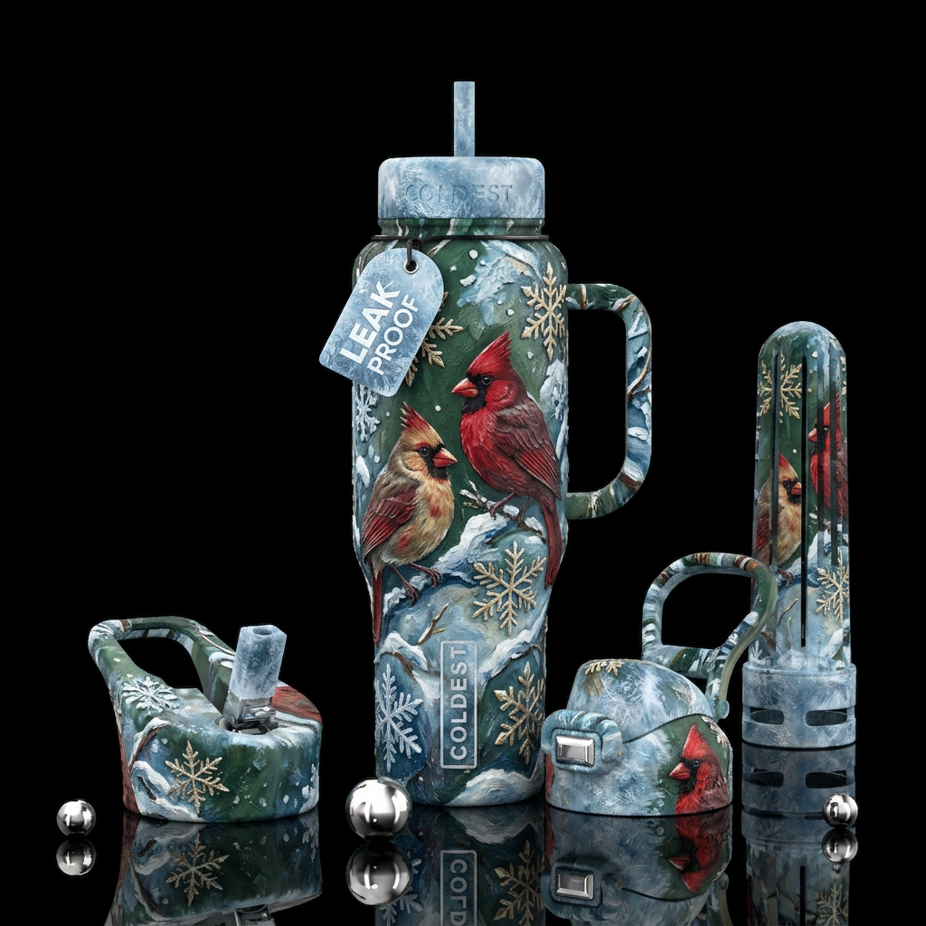 beautiul, cardinal male and female,, fantasy, wint... water bottle design