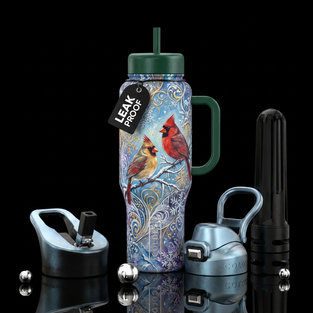 beautiul, cardinal male and female,, fantasy, wint... water bottle design