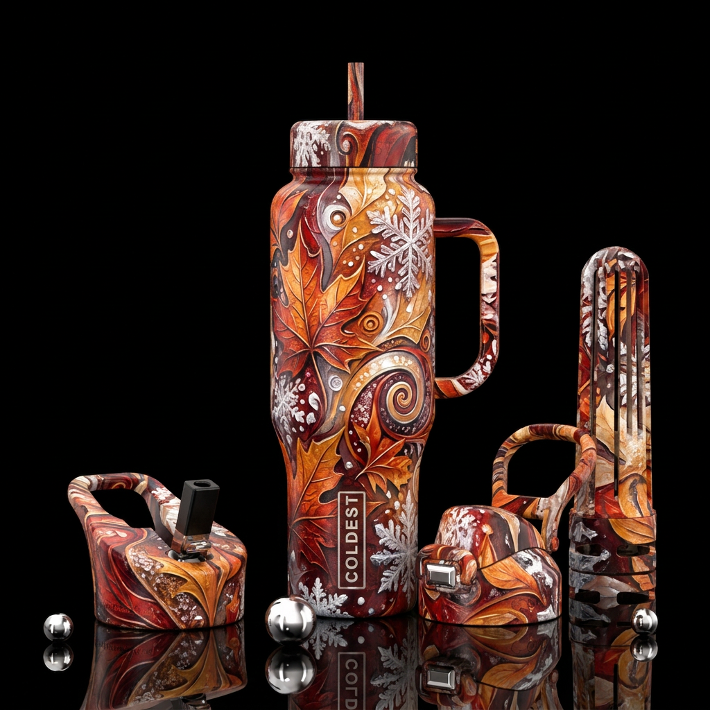 autumn leaves mixed with snow,  texture painting,,... water bottle design