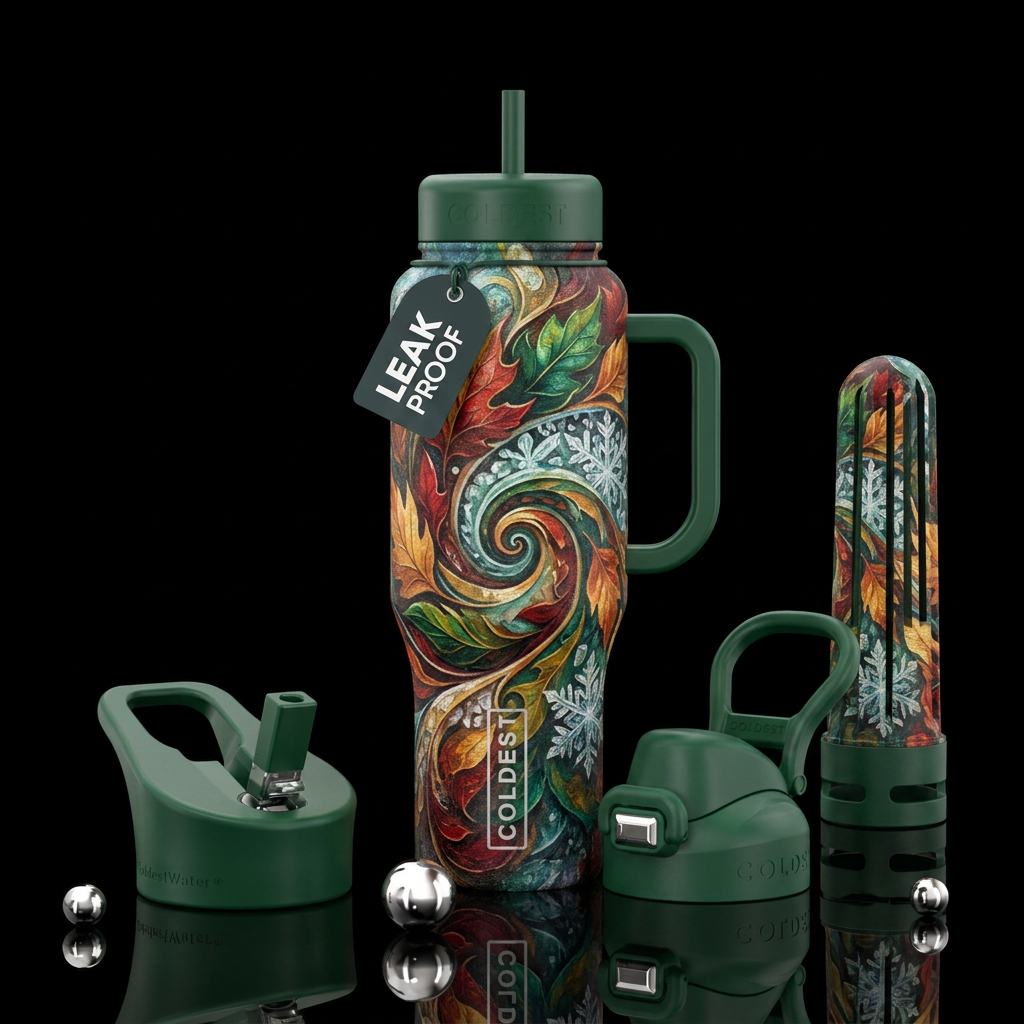 autumn leaves mixed with snow,  texture painting,,... water bottle design