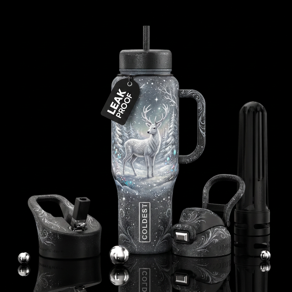 White deer,, beautiul, fantasy, sparkly, winter wo... water bottle design