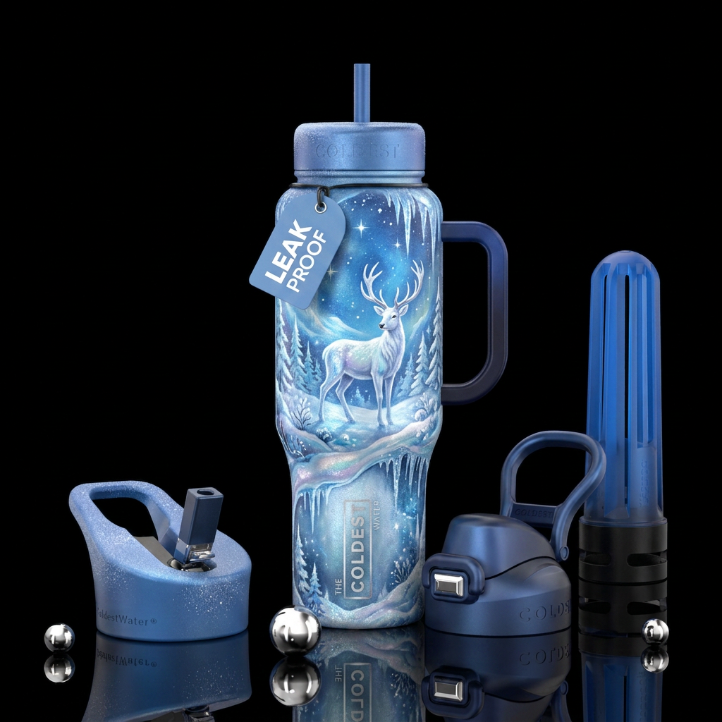White deer,, beautiul, fantasy, sparkly, winter wo... water bottle design