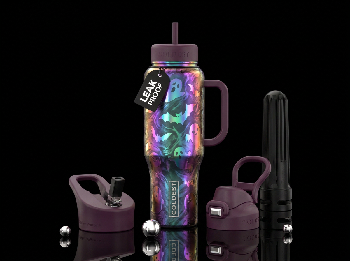 Bats, ghosts,  Halloween, whimsical, irridescent, ... water bottle design