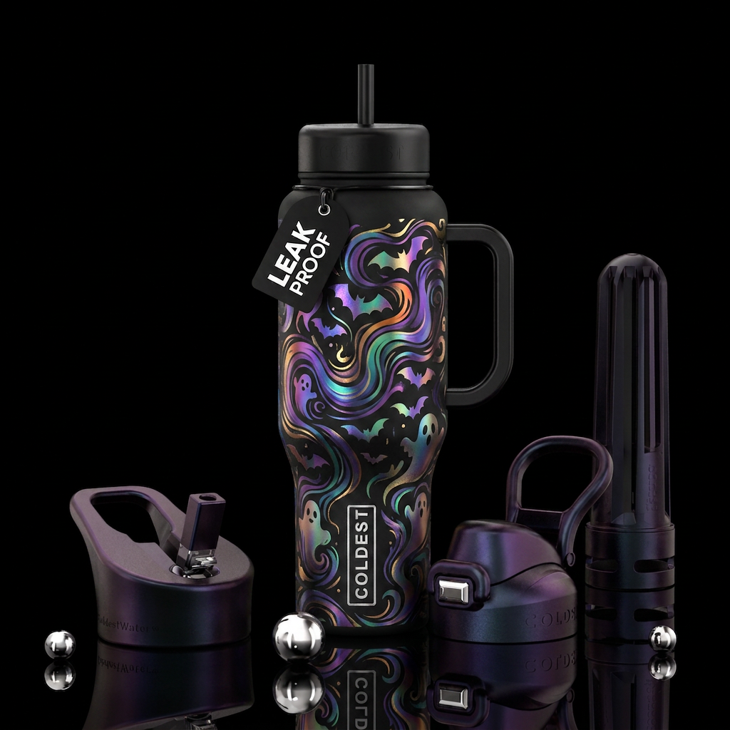Bats, ghosts,  Halloween, whimsical, irridescent, ... water bottle design