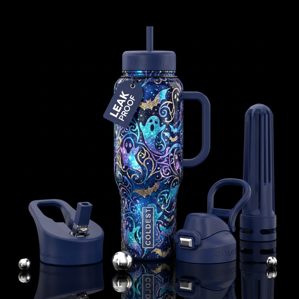 starry night,, sparkly, ghosts and bats , beautiul... water bottle design