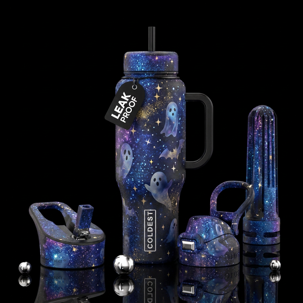 starry night,, sparkly, ghosts and bats , beautiul... water bottle design