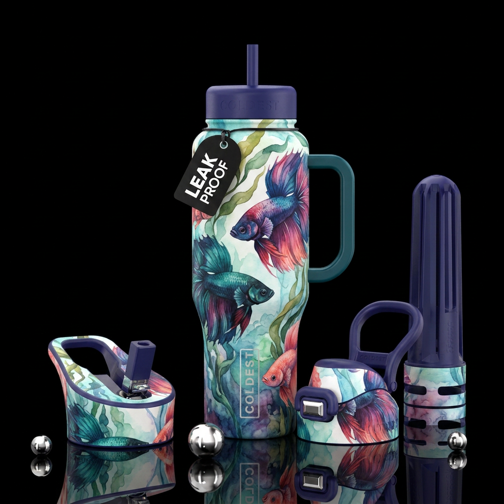 watercolor, underwater,  fantasy, betta fish water bottle design