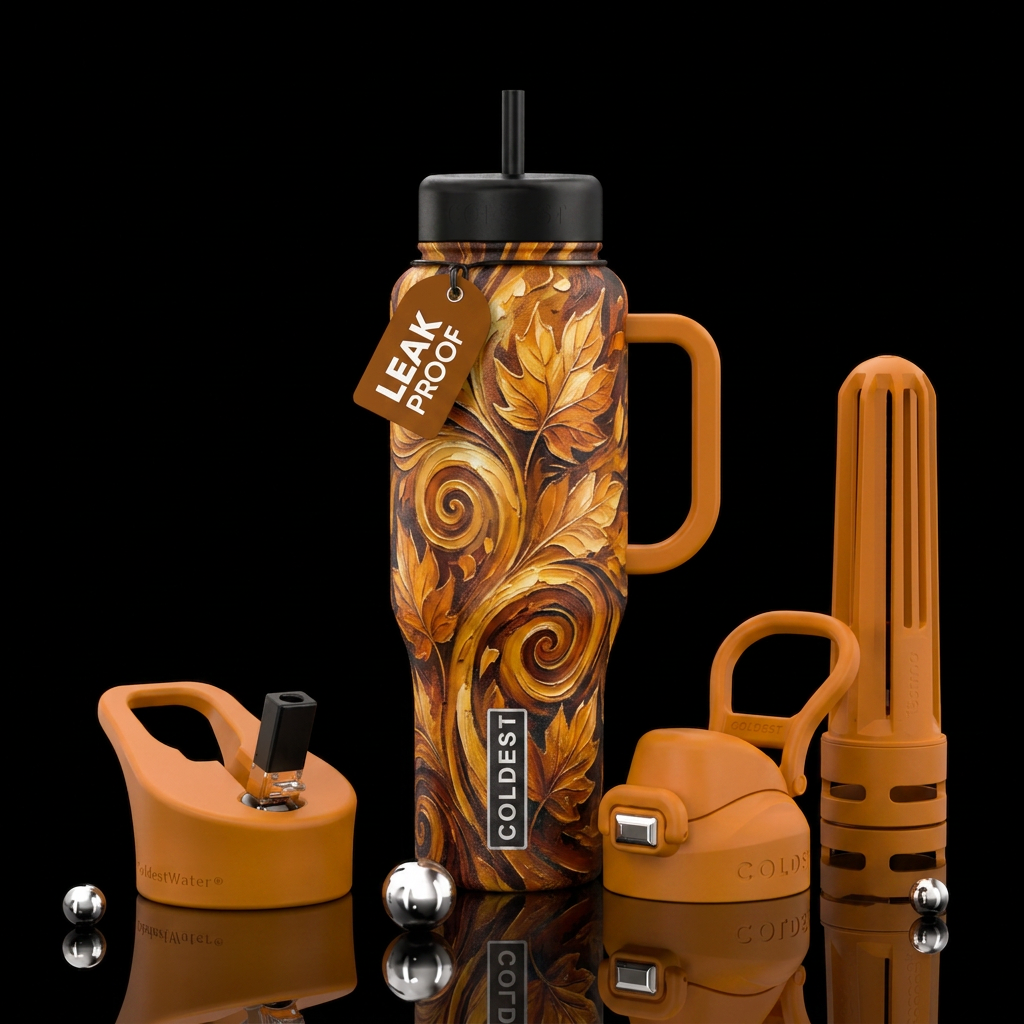 Amber color fall leaves,, spirals, texture paintin... water bottle design