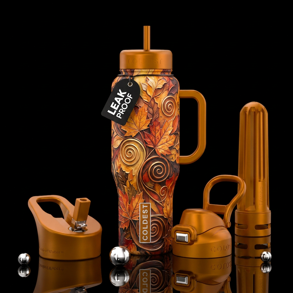 Amber color fall leaves,, spirals, texture paintin... water bottle design