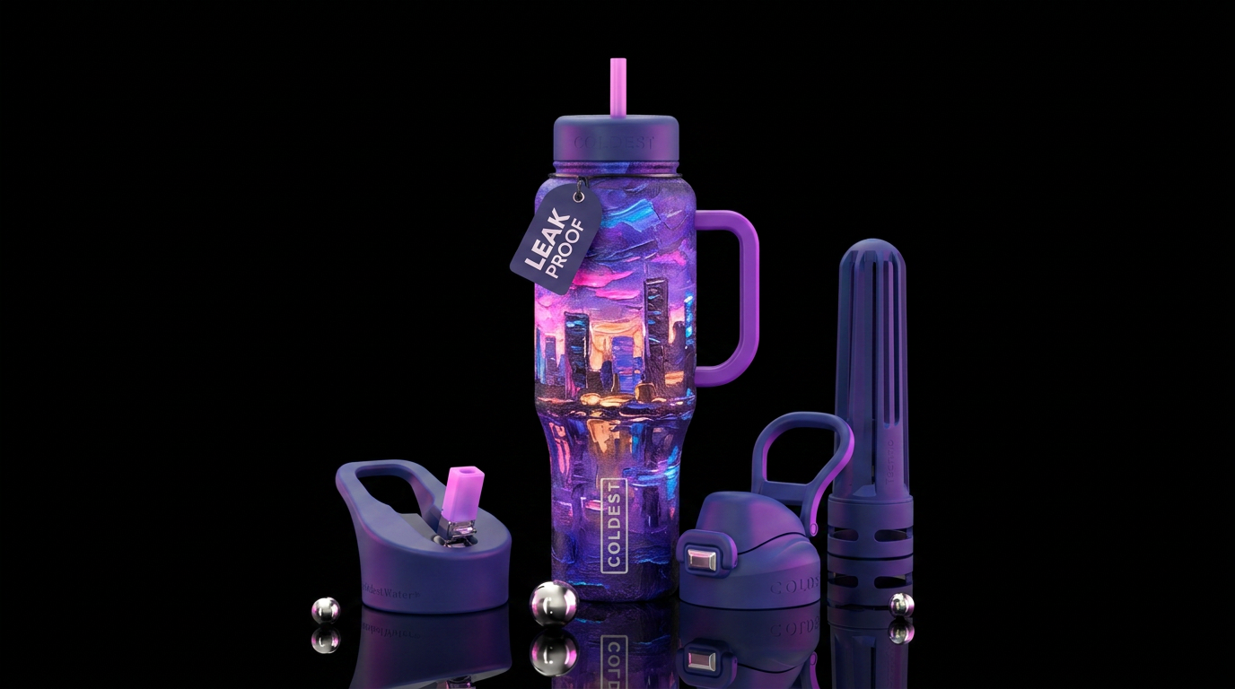 Skyline,  twilight,  glowie,  texture painting,, a... water bottle design