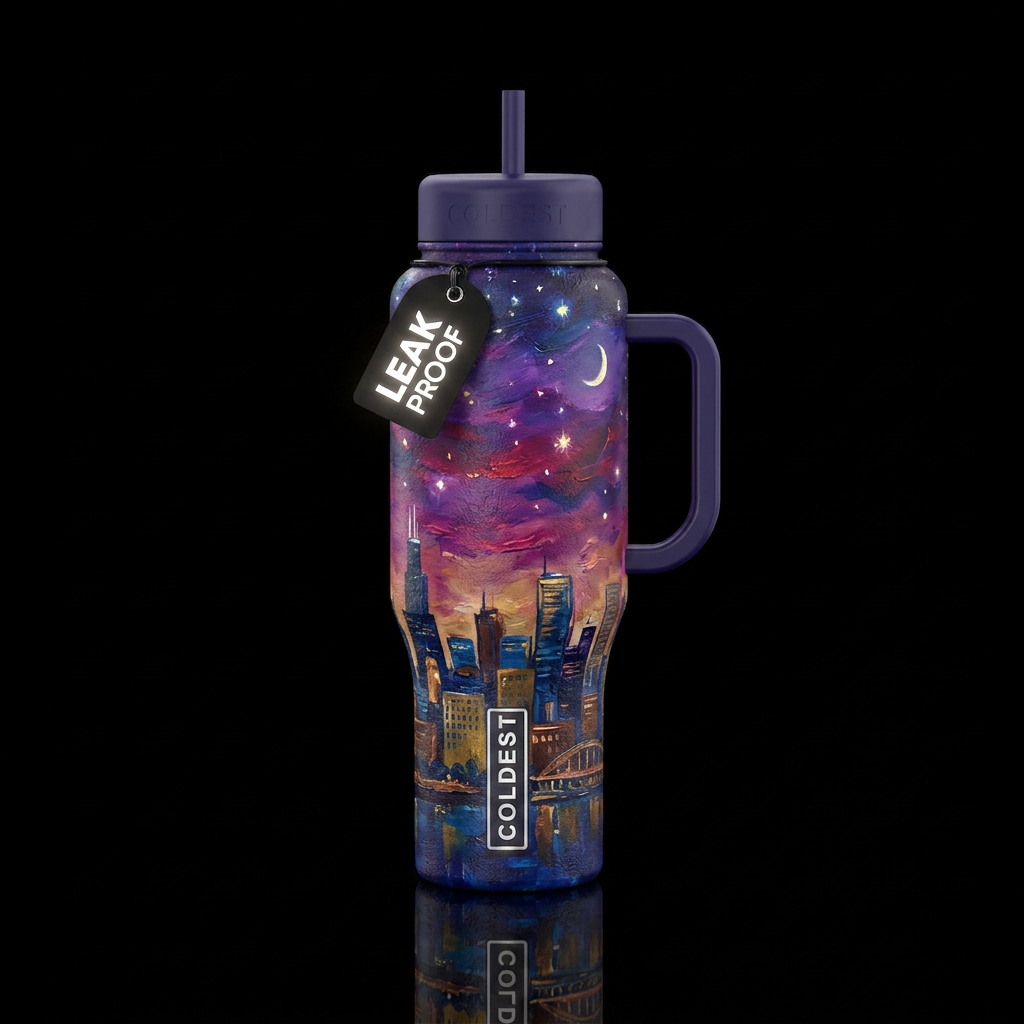Skyline,  twilight,  glowie,  texture painting,, a... water bottle design