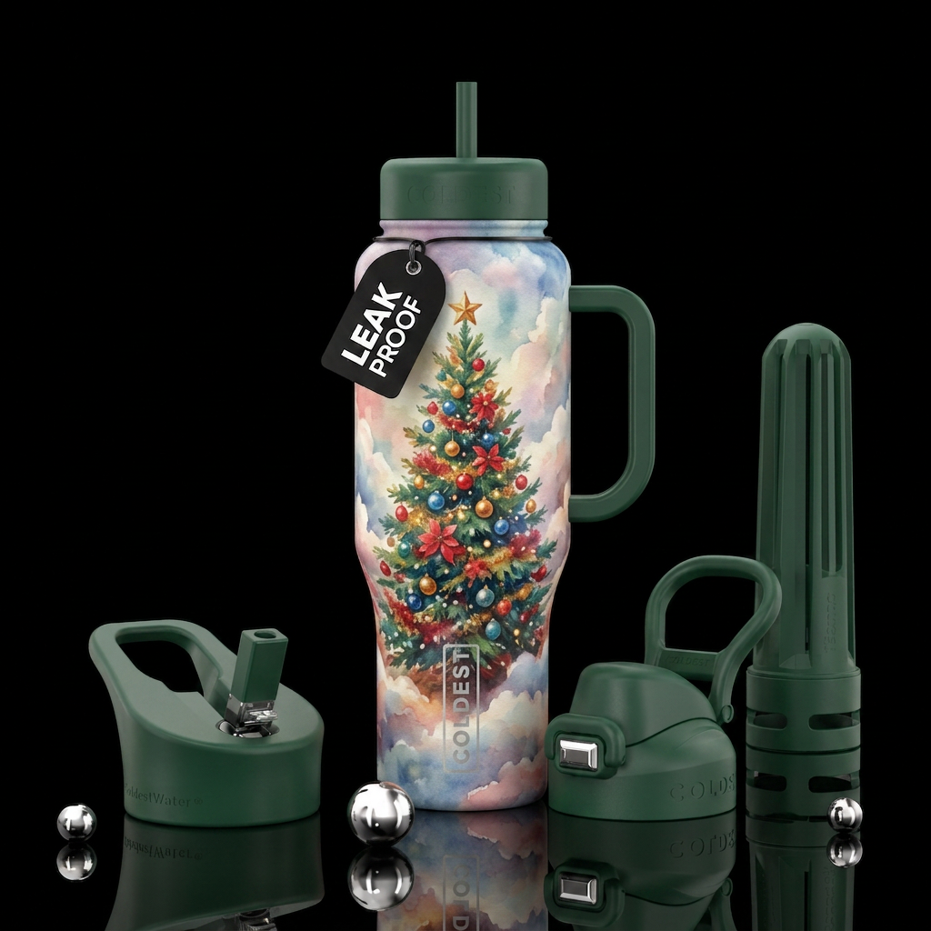 Christmas tree,  textured painting,, clouds, artis... water bottle design