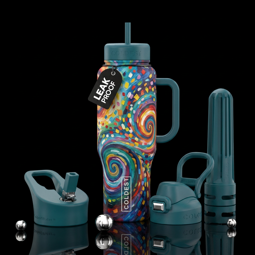 oil painting, artistic, abstract,  confetti,  beau... water bottle design
