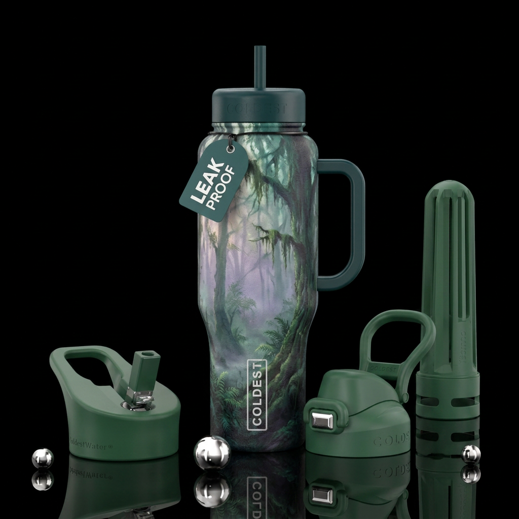 misty forest, beautiul,  texture painting, artisti... water bottle design