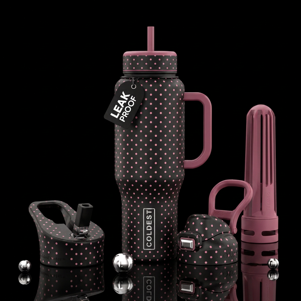 Black bottle with small pink dots all over it water bottle design
