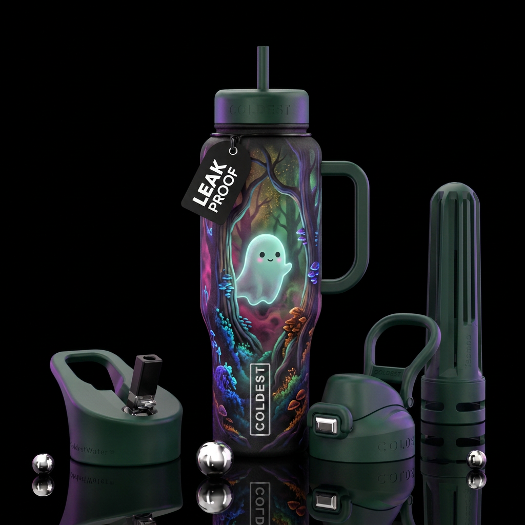Cute ghost peeking around a tree , foggy forest,  ... water bottle design