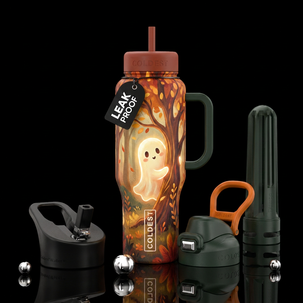 Texture painting,  cute ghost peeking around a tre... water bottle design