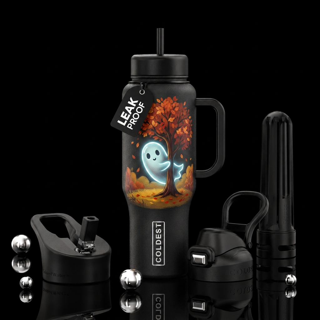 Texture painting,  cute ghost peeking around a tre... water bottle design
