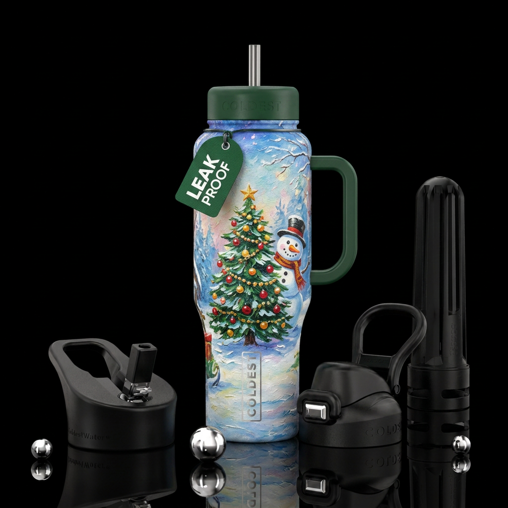 Winter wonderland,  Christmas tree,  cute snowman ... water bottle design