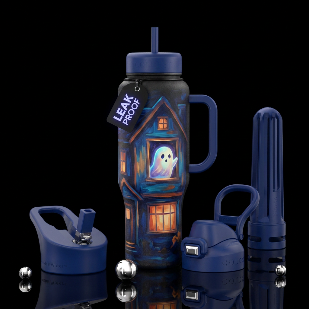 Cute ghost peeking through a window  on a two stor... water bottle design