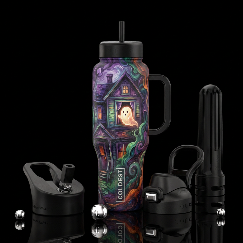 Cute ghost peeking through a window  on a two stor... water bottle design
