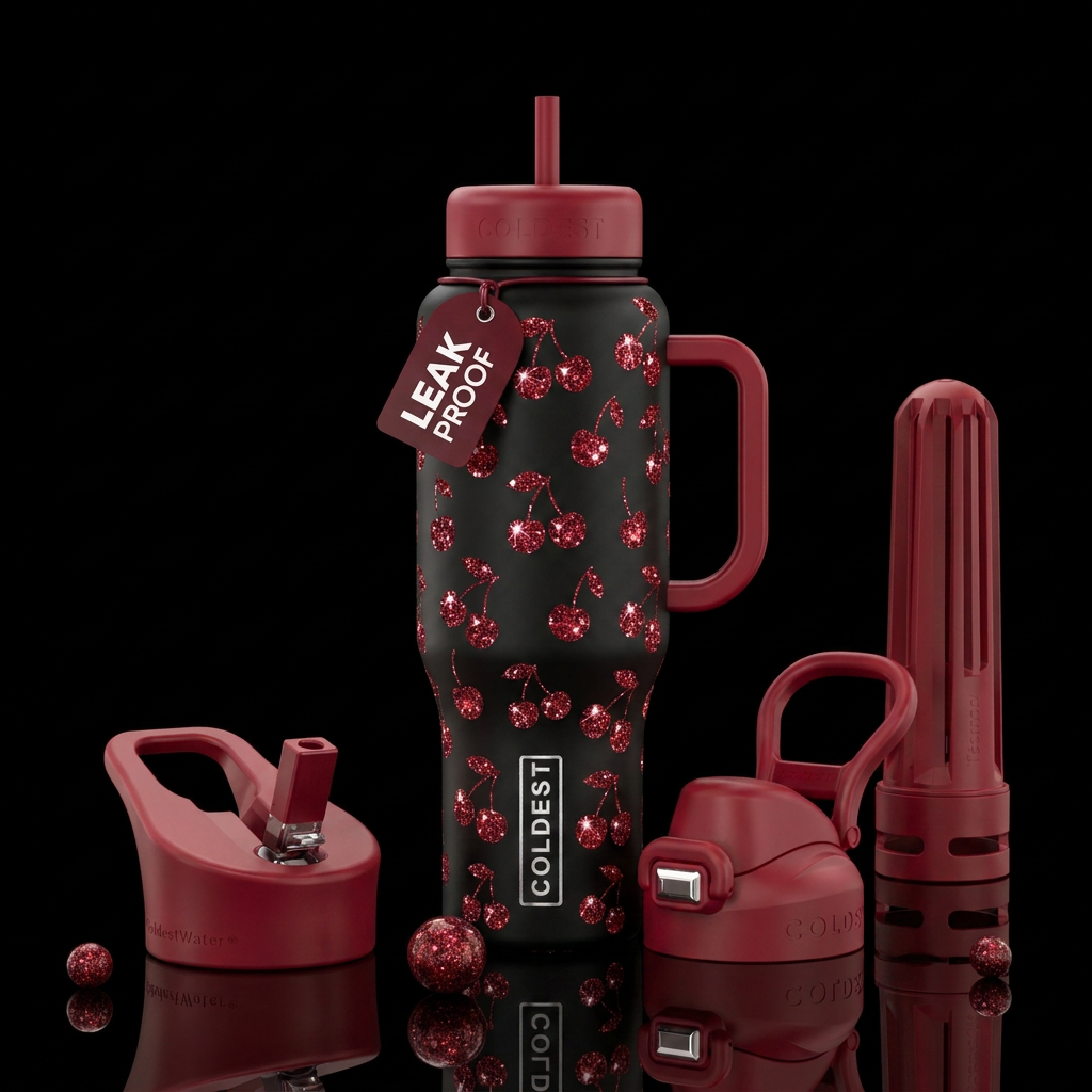 Black bottle with sparkly cherries all around water bottle design