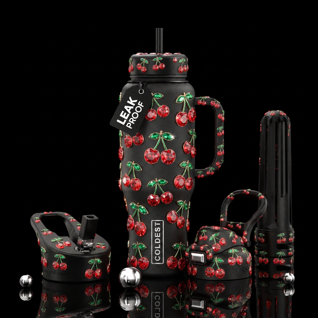 Black bottle with sparkly cherries all around water bottle design