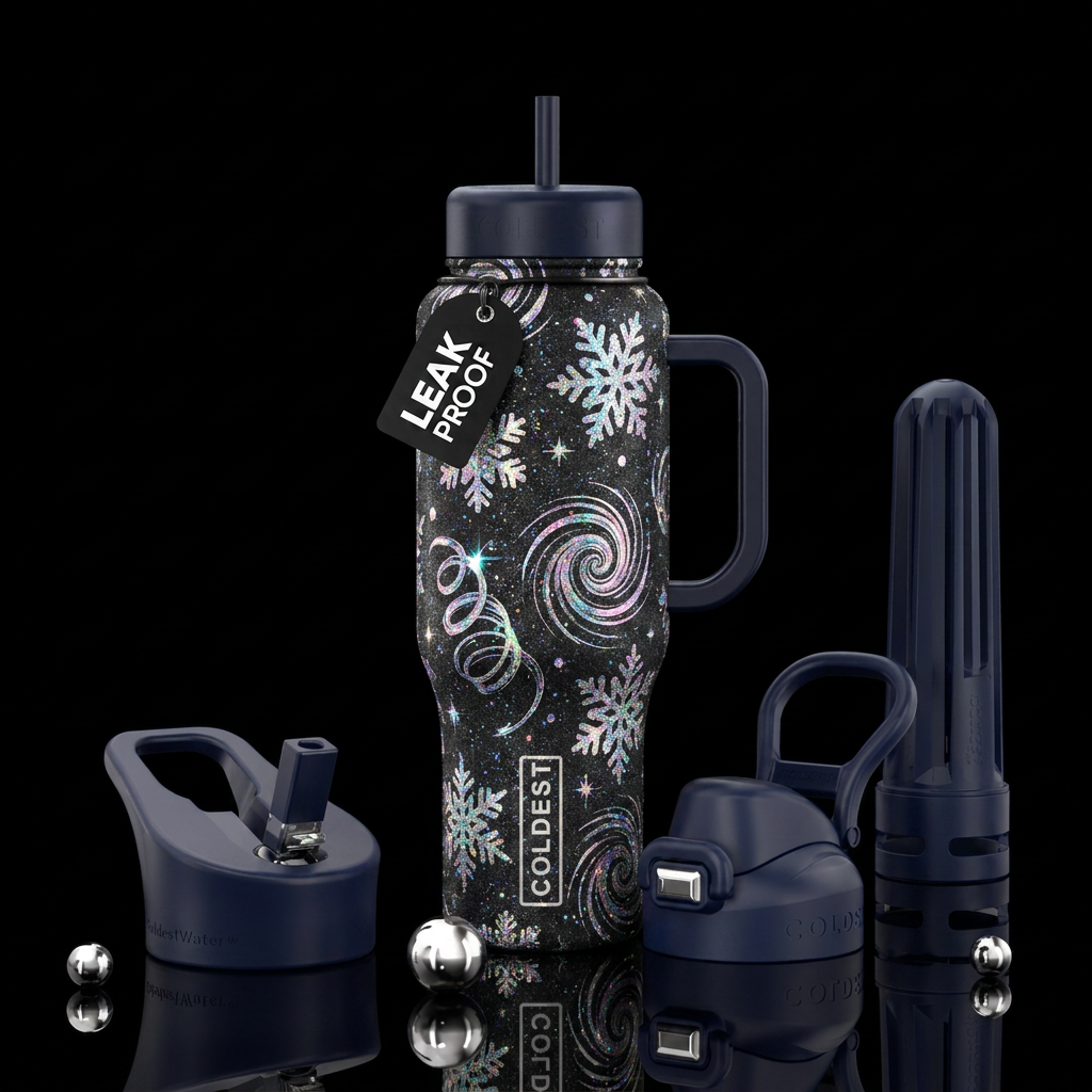 Black bottle with sparkly snowflakes, abstract, sp... water bottle design