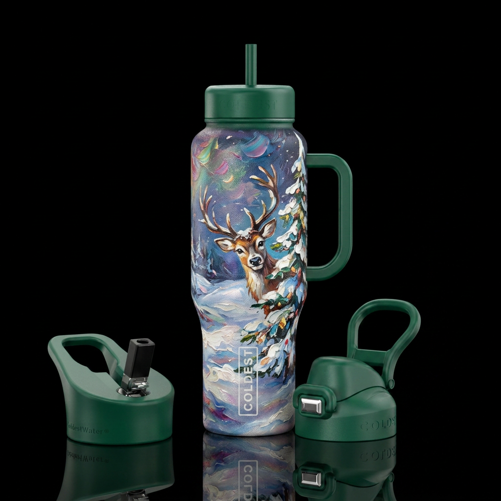 Cute reindeer peeking around a Christmas tree,  wi... water bottle design