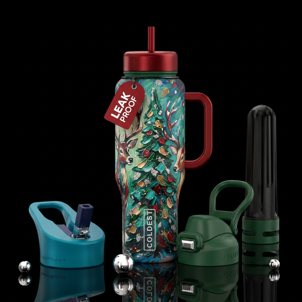 Cute reindeer peeking around a Christmas tree,  wi... water bottle design