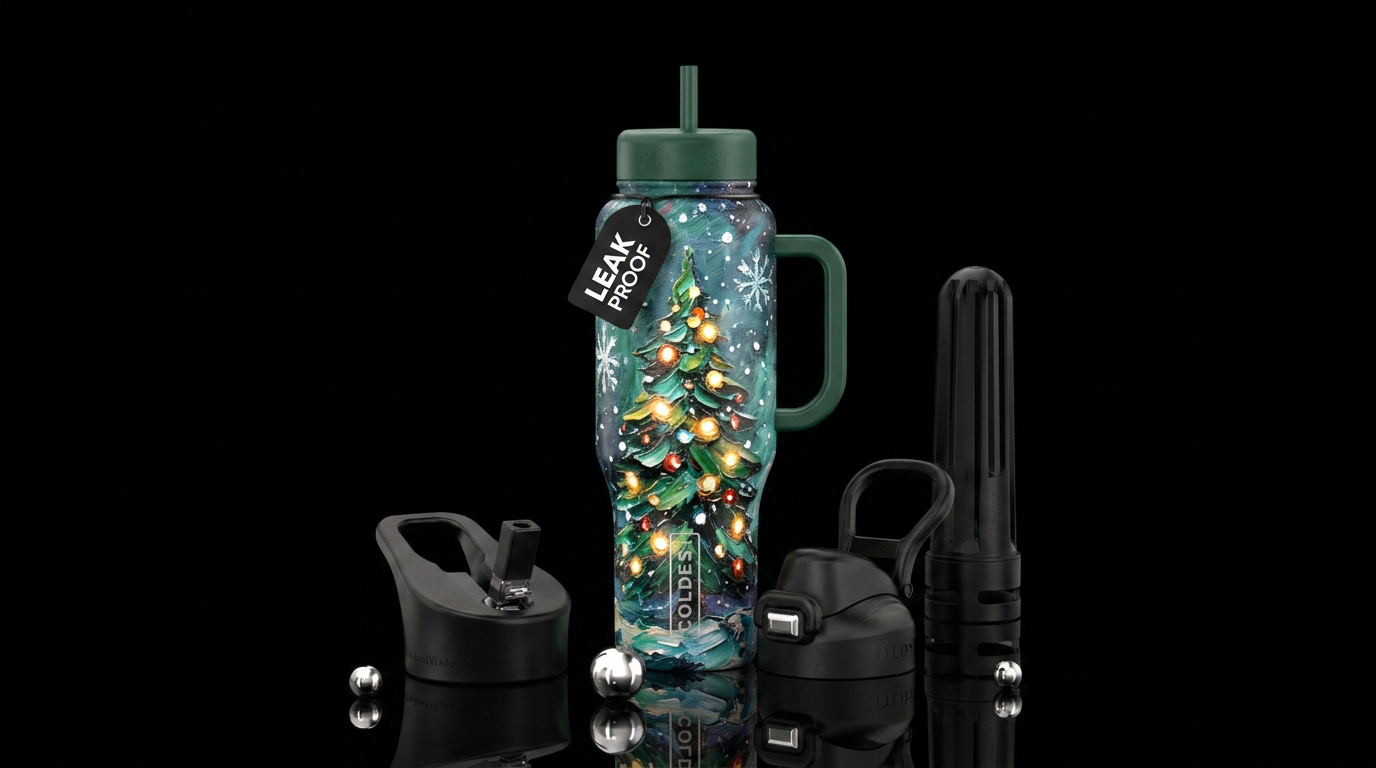Christmas tree with lights,  snowing , texture pai... water bottle design