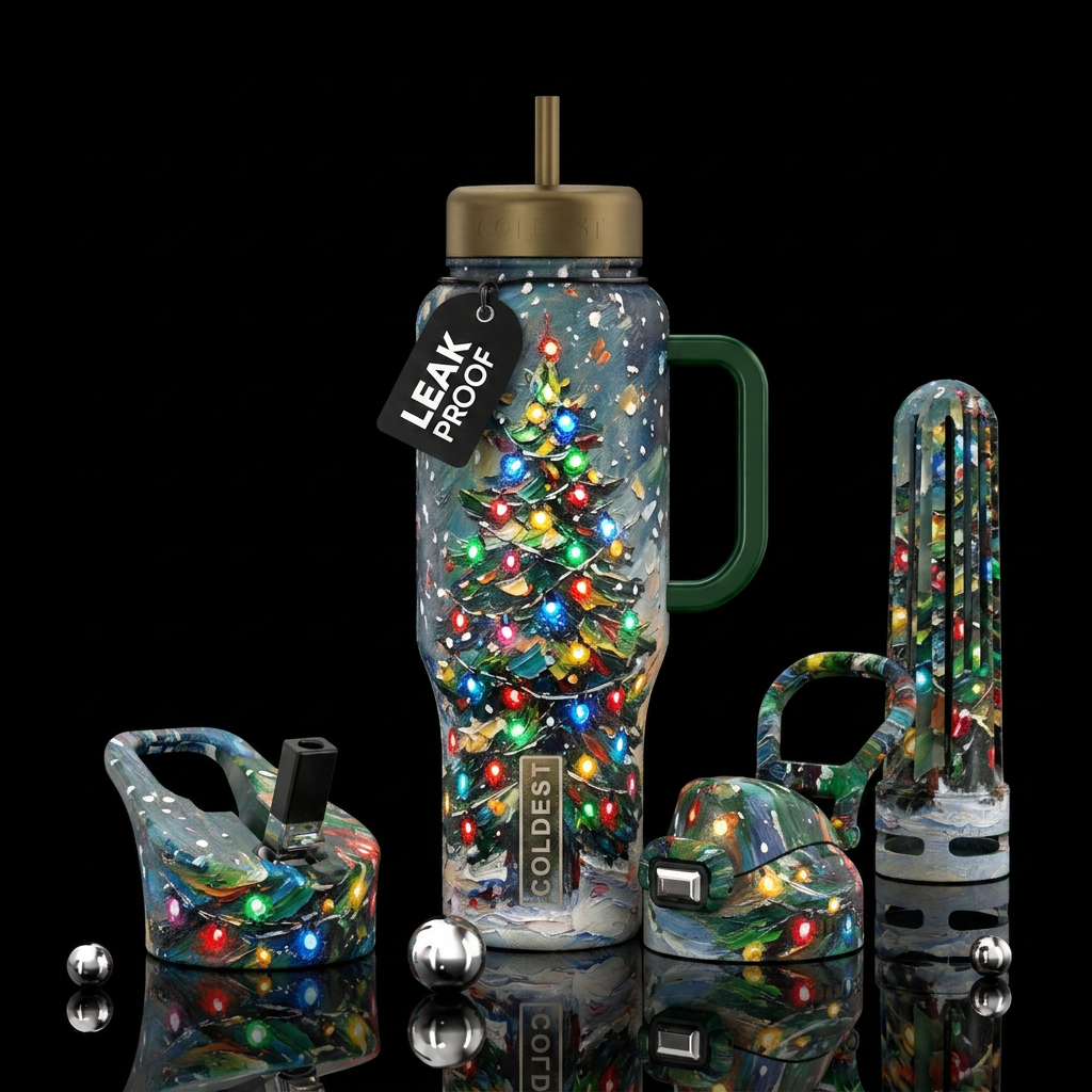 Christmas tree with lights,  snowing , texture pai... water bottle design