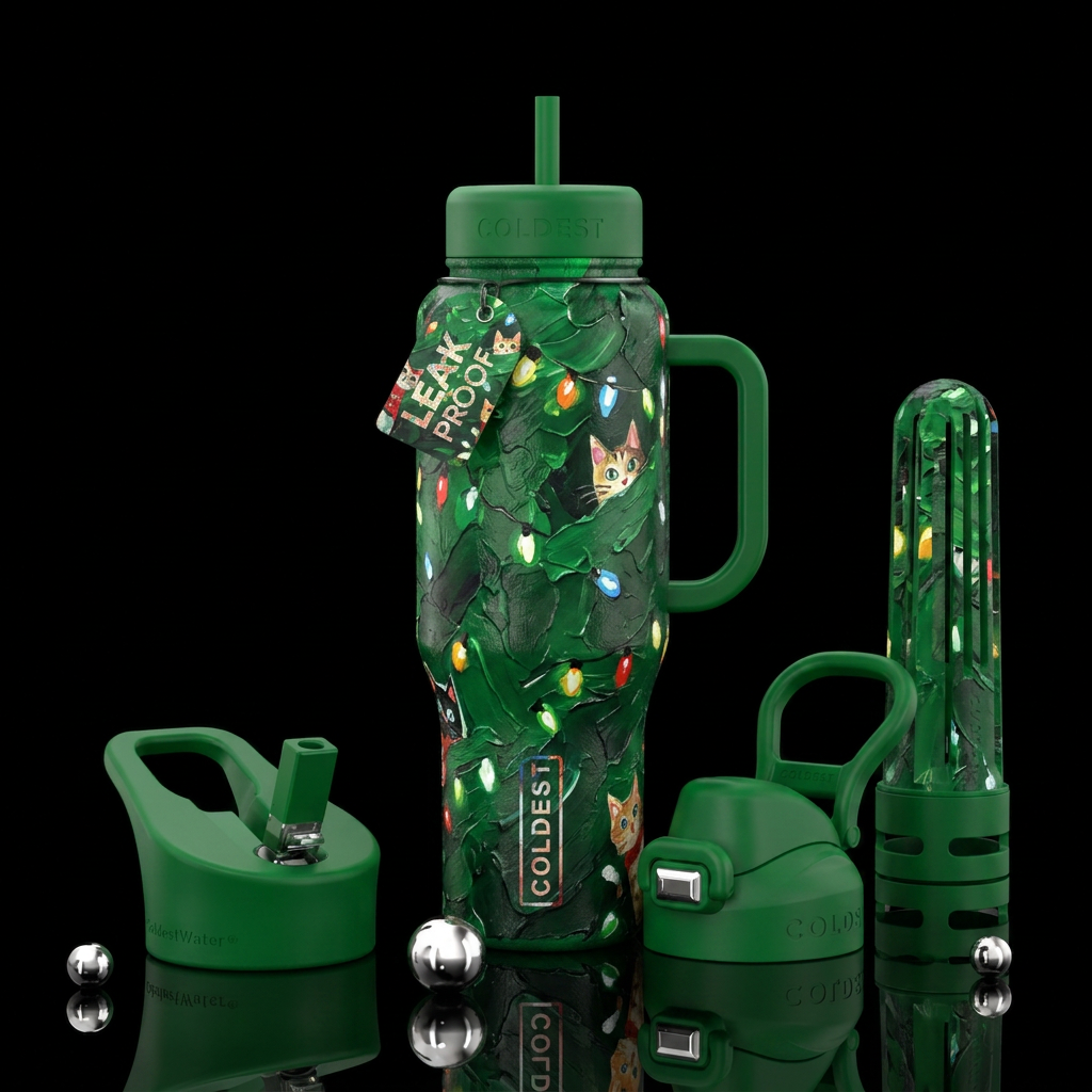 Christmas tree,   texture painting,  with lights, ... water bottle design