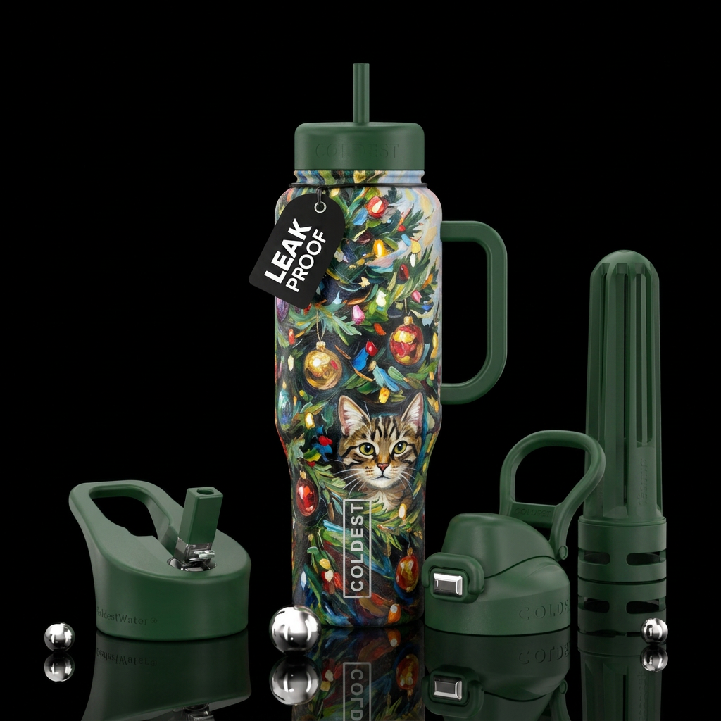 Christmas tree,   texture painting,  with lights, ... water bottle design